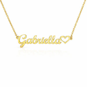 Gold necklace with 'Gabriella' and a heart on a white background