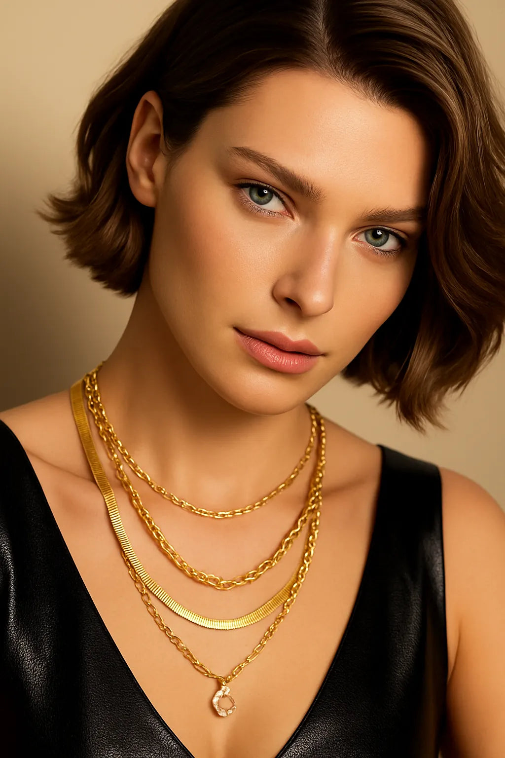 Woman wearing layered gold necklaces with chain and pendant details, black top