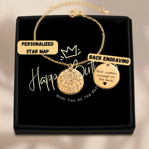 Gold star map bracelet with personalized constellation design and custom back engraving in black gift box
