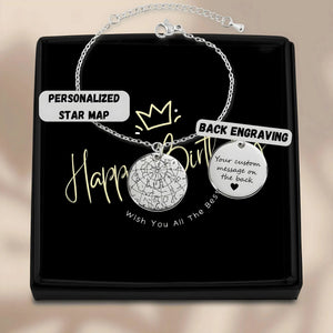 Personalized star map bracelet with custom back engraving in black gift box from Jewellar