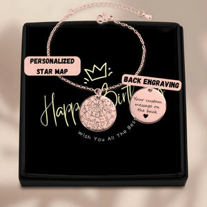 Rose gold personalized star map bracelet with back engraving in black gift box from Jewellar