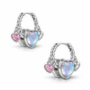 Pair of silver hoop earrings with heart-shaped pink and multicolored gemstones on a white background