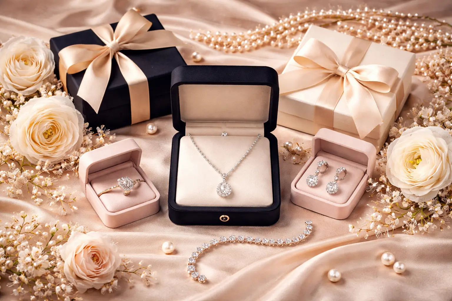 Luxury jewelry gift collection featuring gold necklaces, pearl earrings and gemstone rings in premium packaging — Jewellar Gift Guide