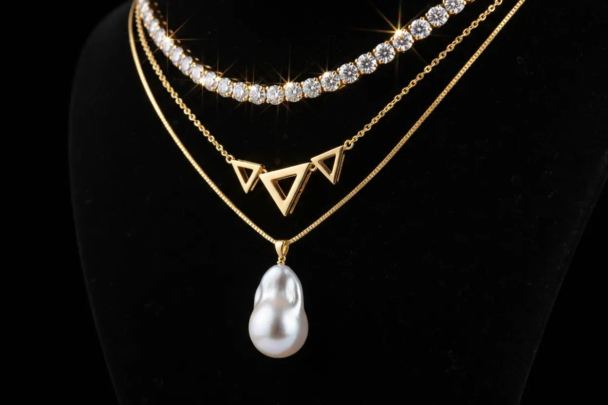 Luxury layered gold necklaces with diamond choker, geometric pendant and pearl drop chain — Jewellar Necklace Collection