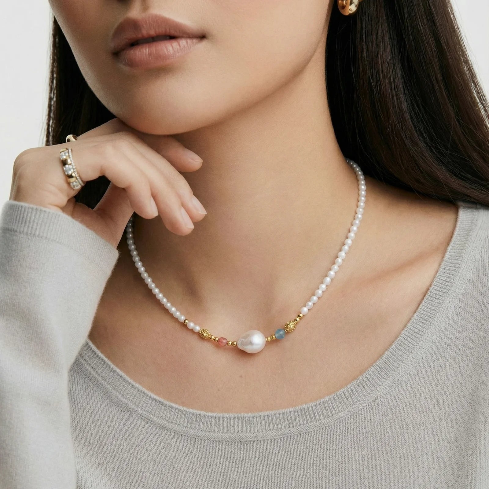 Pearl Garden – 18K Gold Vermeil Pearl & Emerald Beaded Necklace