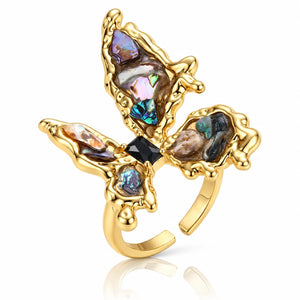 Abalone Butterfly Statement Ring - 18K Gold Plated