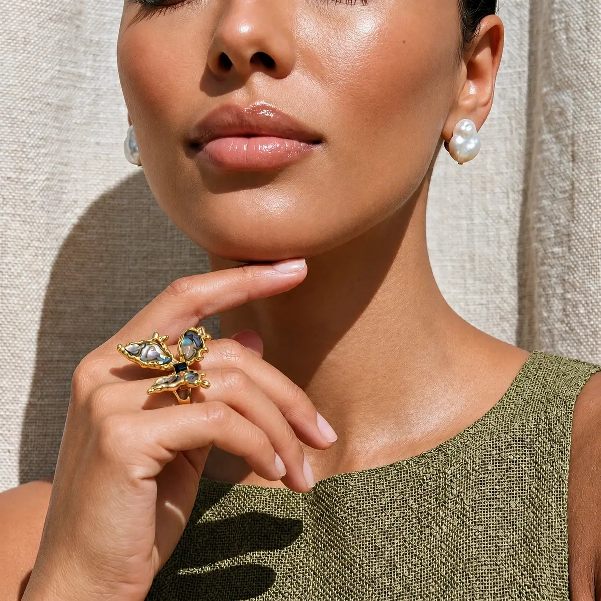 Abalone Butterfly Statement Ring - 18K Gold Plated