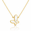 A delicate gold chain necklace featuring a butterfly-shaped pendant with a white mother-of-pearl inlay, set against a clean white background with a soft reflection below.