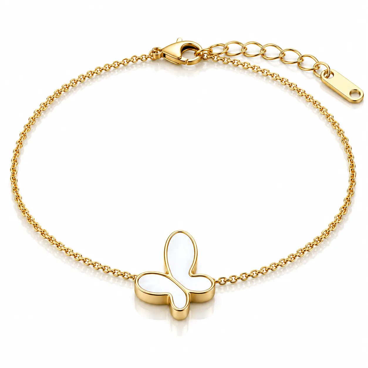 A delicate gold chain bracelet with a butterfly-shaped charm featuring a white inlay, displayed on a clean white background.
