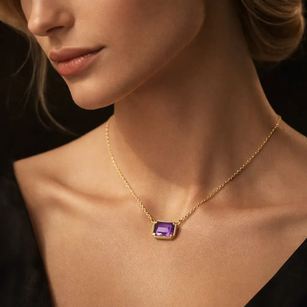 Améthyste Natural Amethyst Pendant Necklace - 925 Sterling Silver & 14K Gold  Jewellar
