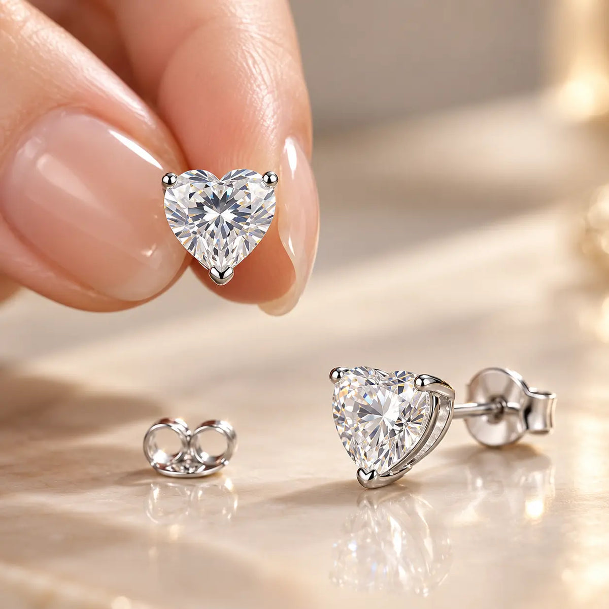 Amielle Heart Moissanite Stud Earrings - Rhodium-Plated 925 Sterling Silver