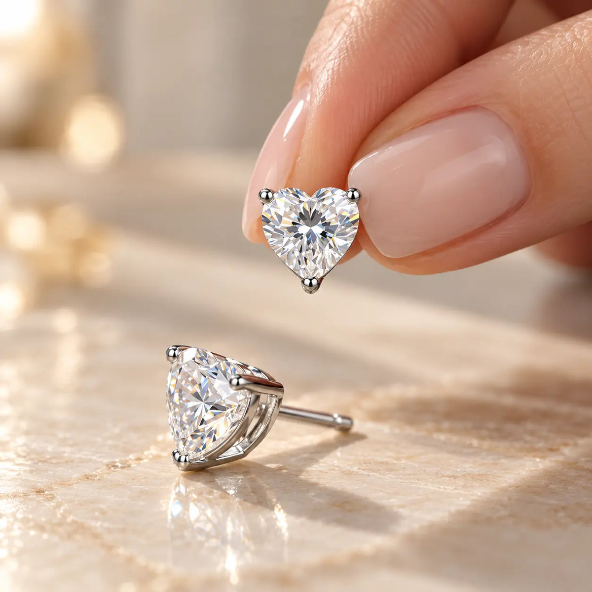 Amielle Heart Moissanite Stud Earrings - Rhodium-Plated 925 Sterling Silver