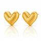 A pair of textured gold heart-shaped stud earrings on a clean white background with soft reflections below.