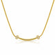 A gold necklace featuring a curved bar pendant flanked by two square bezel-set crystal clusters, suspended on a gold snake chain against a white background with a soft reflection.