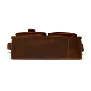 Men’s brown leather business messenger bag (first-layer cowhide) with adjustable shoulder strap, sized for a 12-inch laptop.