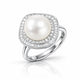 A silver ring featuring a large, round white pearl surrounded by a halo of small clear baguette and round-cut stones, set on a polished silver band.