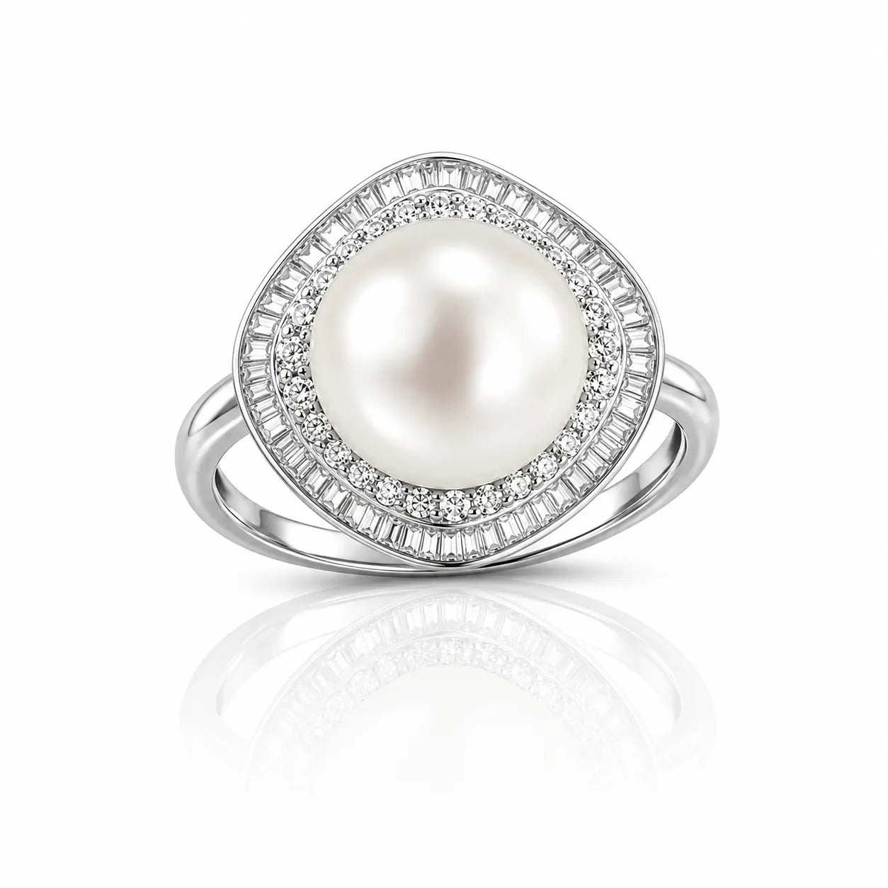 A silver-toned ring featuring a large oval white pearl surrounded by a double halo of small clear stones, set against a clean white background with a soft reflection below.