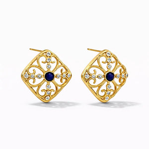 Gold stud earrings with intricate filigree, blue center stone, and sparkling accents