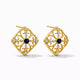 Gold stud earrings with intricate filigree, blue center stone, and sparkling accents