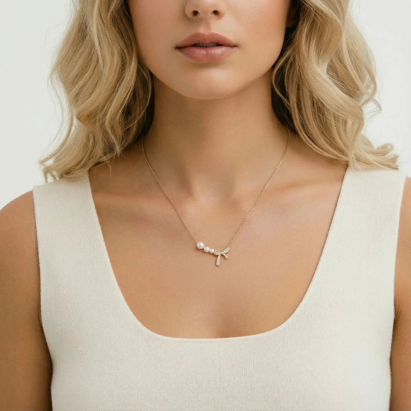 Aurielle Pearl Bow Necklace – 14K Gold Freshwater Pearl Pendant Jewellar