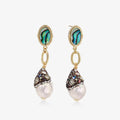 Baroque pearl drop earrings with abalone studs, gold accents, and crystal embellishments