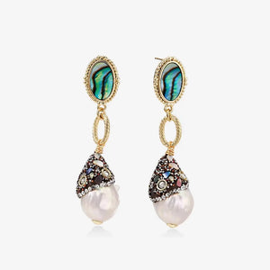 Baroque pearl drop earrings with abalone studs, gold accents, and crystal embellishments