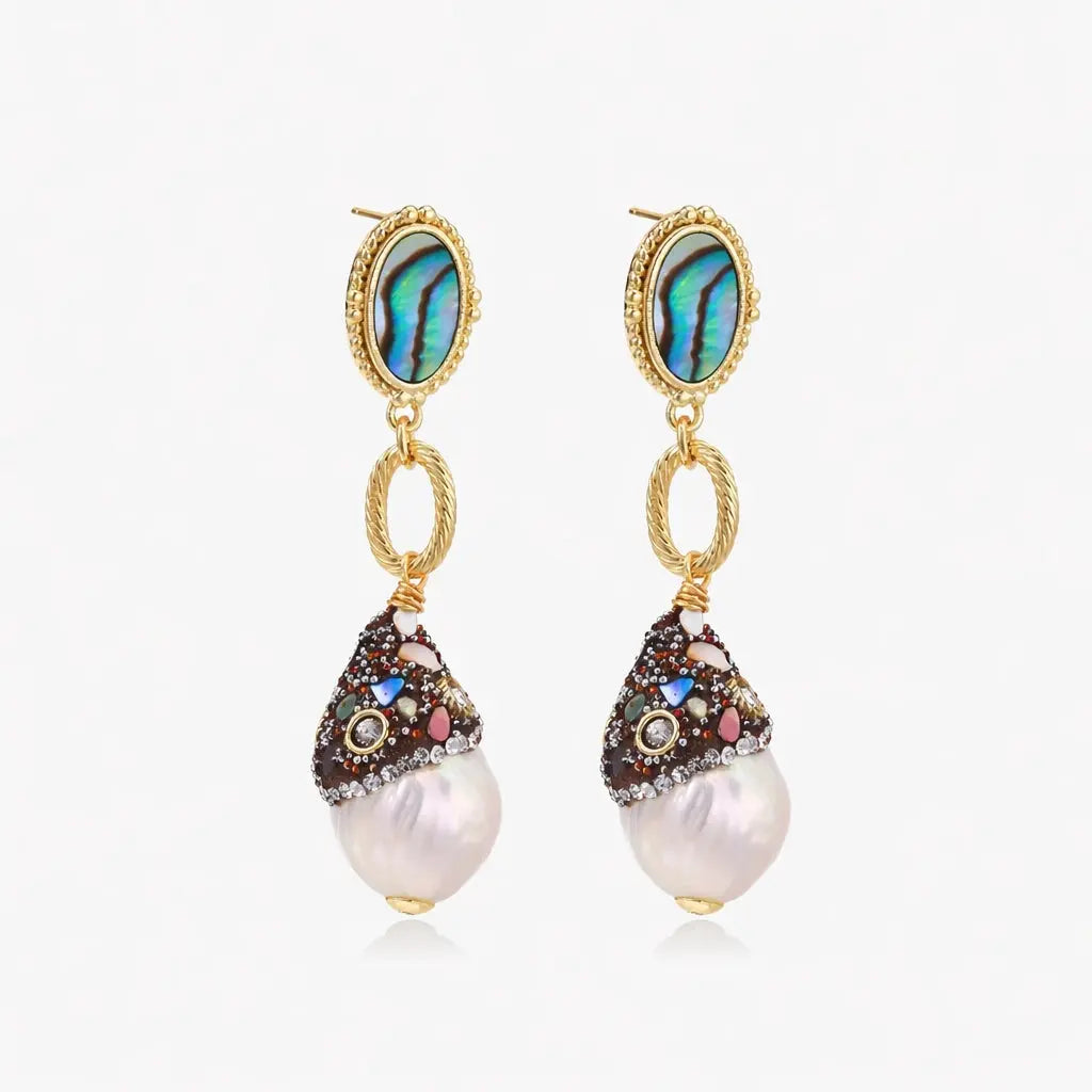 Baroque pearl drop earrings with gold links, colorful gemstones, and abalone shell posts