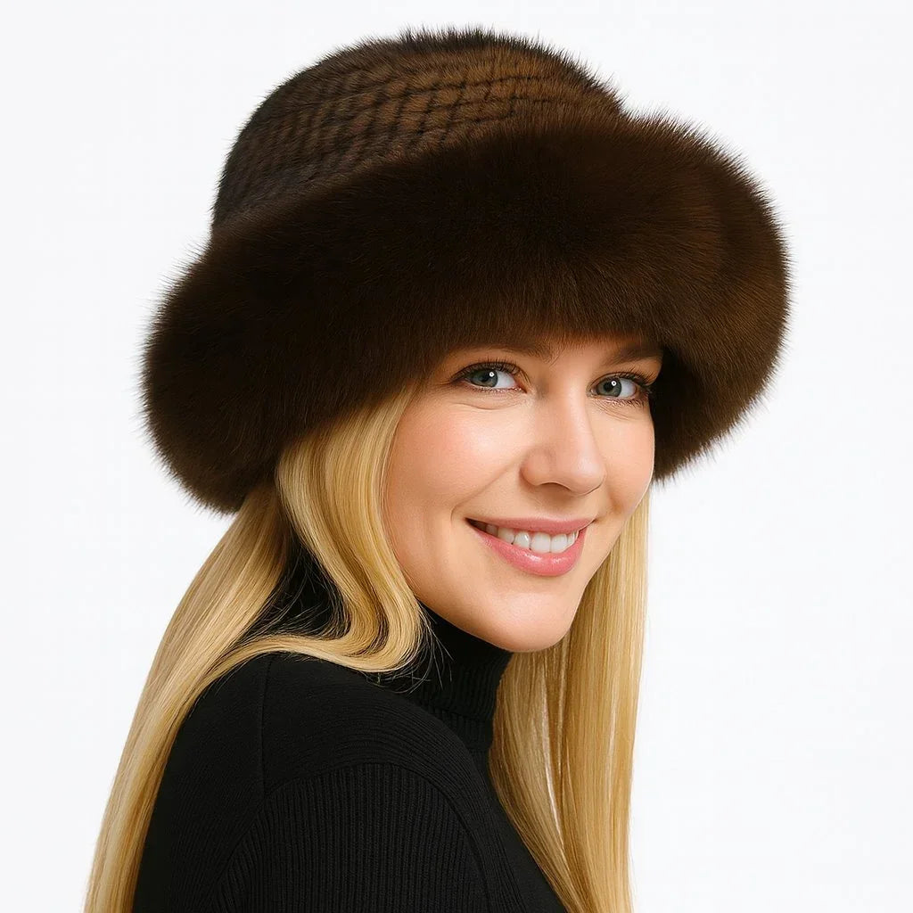 Luxurious braided mink and fox fur winter hat for women – Aurora by Jewellar, dome-shaped and brimless.