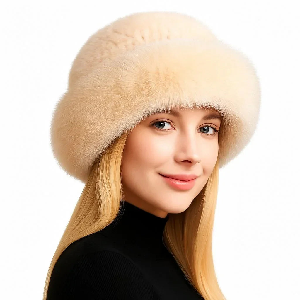 Luxurious braided mink and fox fur winter hat for women – Aurora by Jewellar, dome-shaped and brimless.