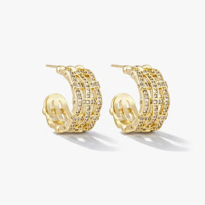 Gold lattice statement hoops with sparkling crystals, 14K gold plated, on white background