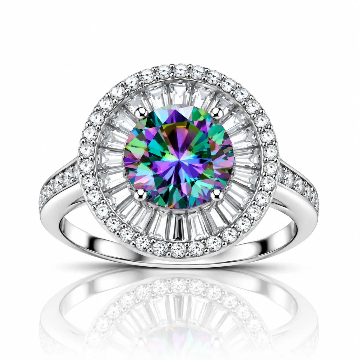 A radiant halo ring featuring a large round-cut iridescent center stone with a silver-toned pavé setting and a halo of clear baguette and round diamonds, shown on a white background with a reflection below.