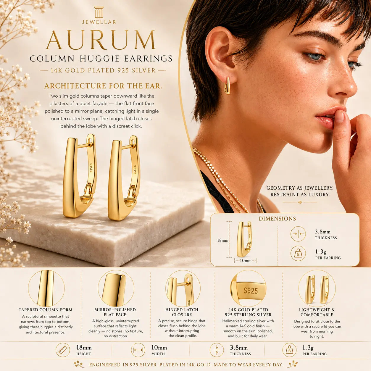 Gold huggie earrings with a model wearing them, product details, and brand name 'Aurum' displayed.