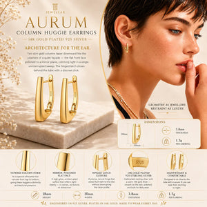 Gold huggie earrings with a model wearing them, product details, and brand name 'Aurum' displayed.