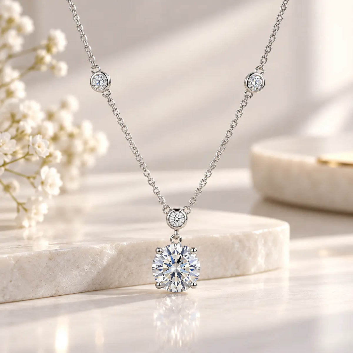 Aveline Round Moissanite Station Necklace - 925 Sterling Silver