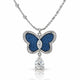 A silver butterfly pendant necklace with deep blue pavé inlay and clear teardrop gemstones, shown on a white background with a soft reflection.