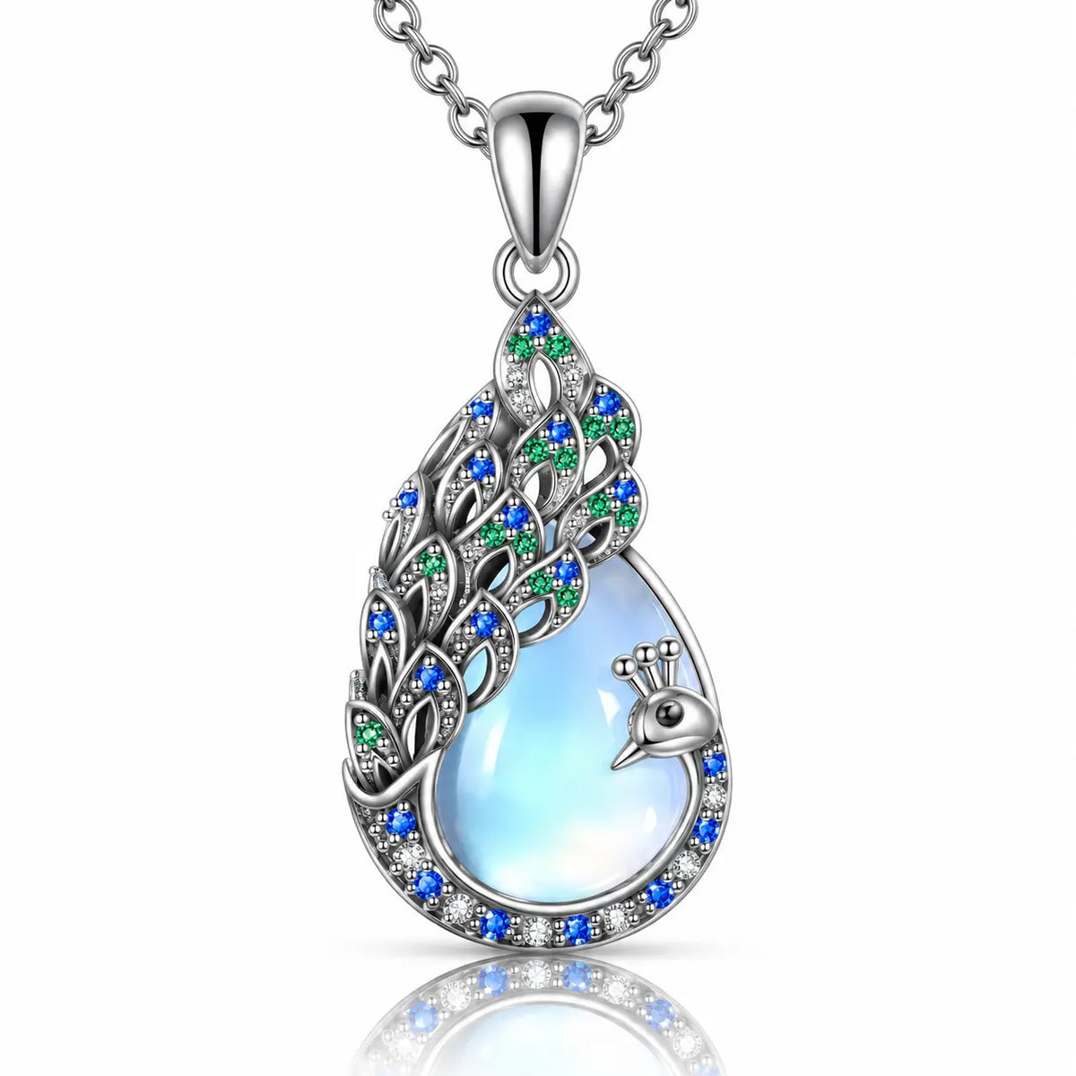 Azure Peacock Moonstone Necklace - 925 Sterling Silver