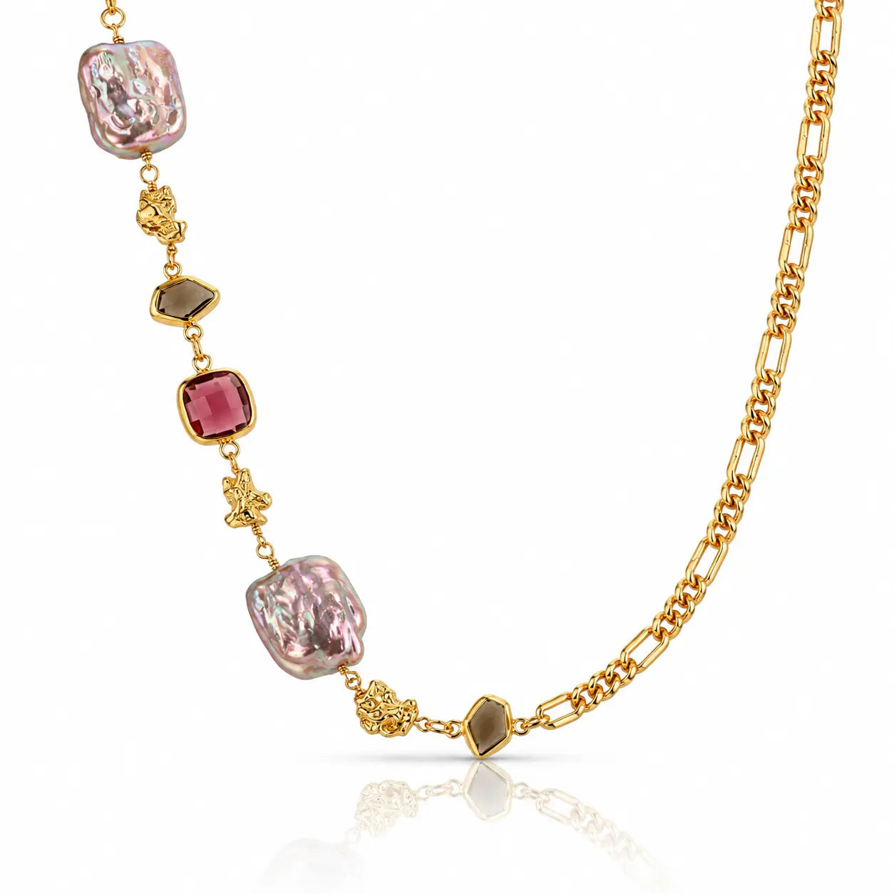 A gold chain necklace featuring irregular pink baroque pearls, a pink gemstone, and small gold decorative charms, displayed on a clean white background with a soft reflection.