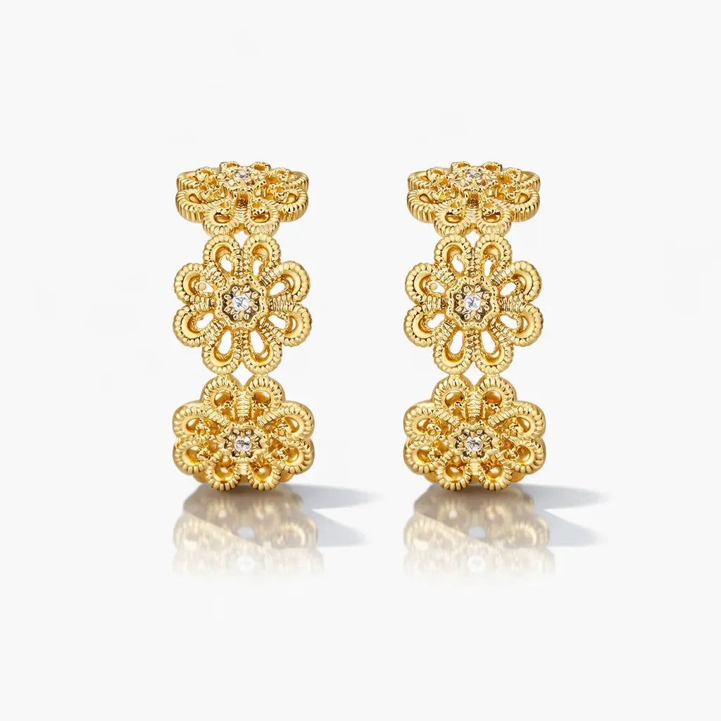 Gold filigree hoop earrings with floral design and sparkling gemstone accents