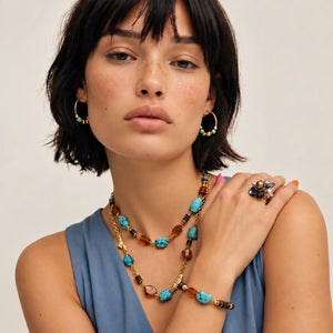 Bohemian Turquoise & Amber Bracelet - 18K Gold Plated 