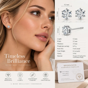 A close-up of a woman wearing a small diamond stud earring, with product dimensions, specifications, and a certificate shown on a white background. The earring is labeled as a brilliant moissanite stud with dimensions of 5.