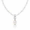 A pearl necklace featuring a silver-tone chain with small round pearls and a central pendant setting with rectangular clear stones and a single hanging pearl, shown on a white background.