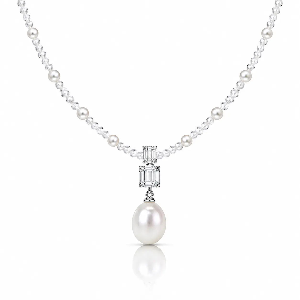 A pearl necklace featuring a silver-tone chain with small round pearls and a central pendant setting with rectangular clear stones and a single hanging pearl, shown on a white background.