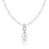 A pearl necklace featuring a silver-tone chain with small round pearls and a central pendant setting with rectangular clear stones and a single hanging pearl, shown on a white background.