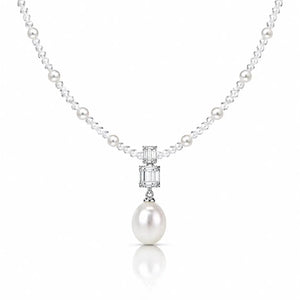 A pearl necklace featuring a silver-tone chain with small round pearls and a central pendant setting with rectangular clear stones and a single hanging pearl, shown on a white background.