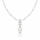 A pearl necklace featuring a silver-tone chain with small round pearls and a central pendant setting with rectangular clear stones and a single hanging pearl, shown on a white background.