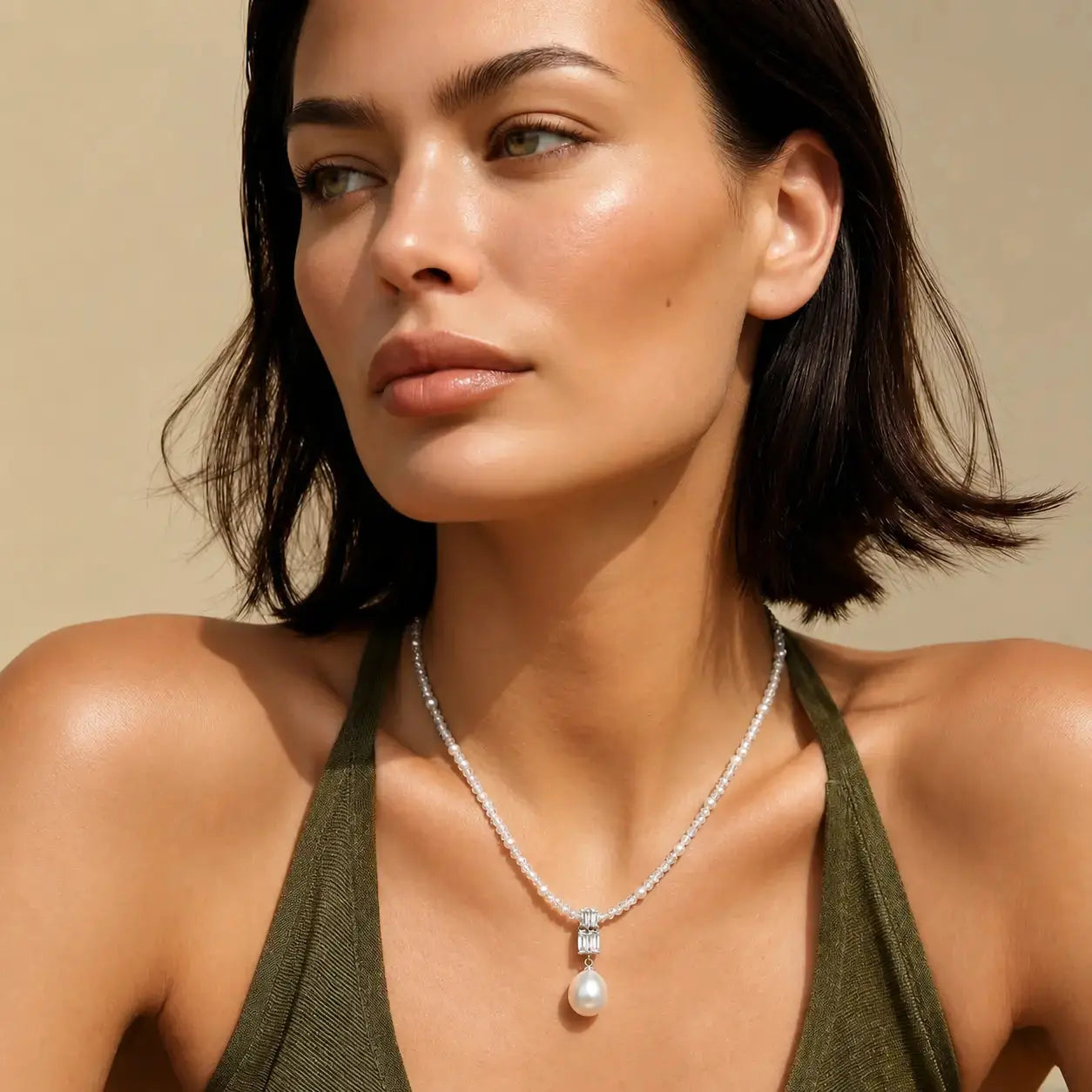 A close-up of a woman wearing a delicate silver-toned necklace with a single white pearl pendant, styled with a green halter top against a warm beige background.