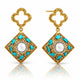 Pair of gold earrings with turquoise accents and a central pearl on a white background