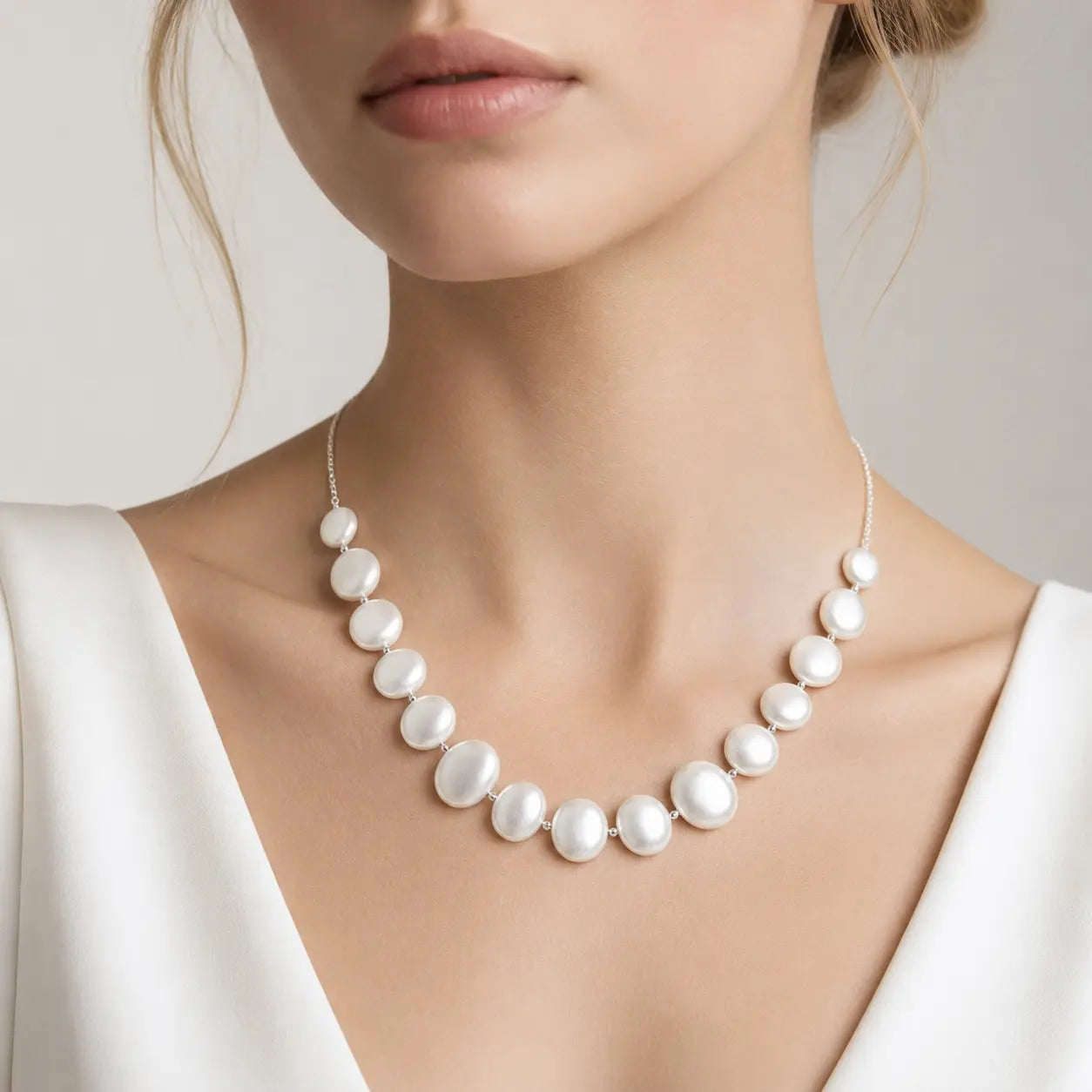 Pearl necklace worn by a model against a neutral background
