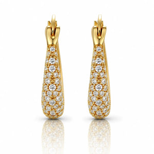 Gold earrings with diamond accents on a white background