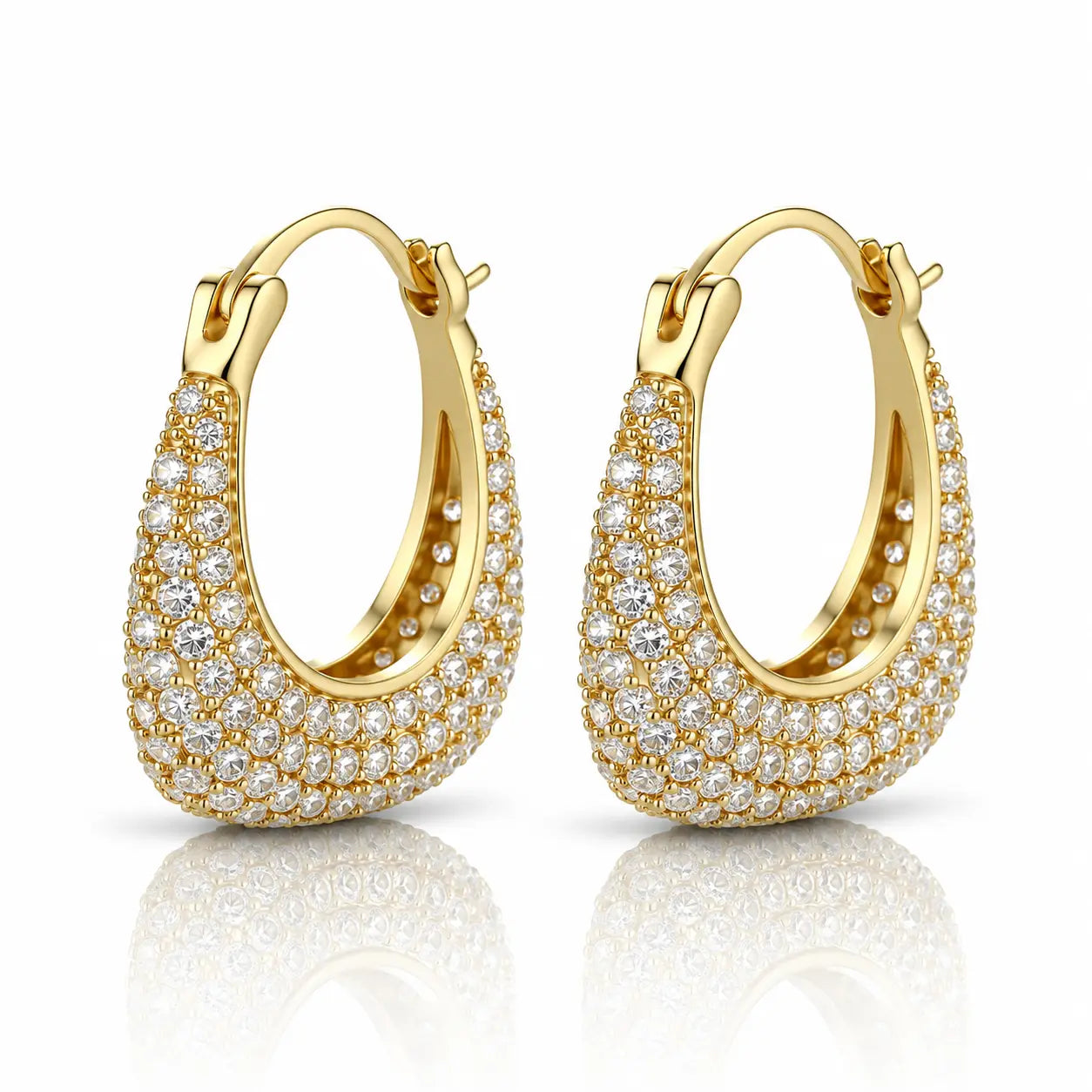 Gold hoop earrings with diamond accents on a white background